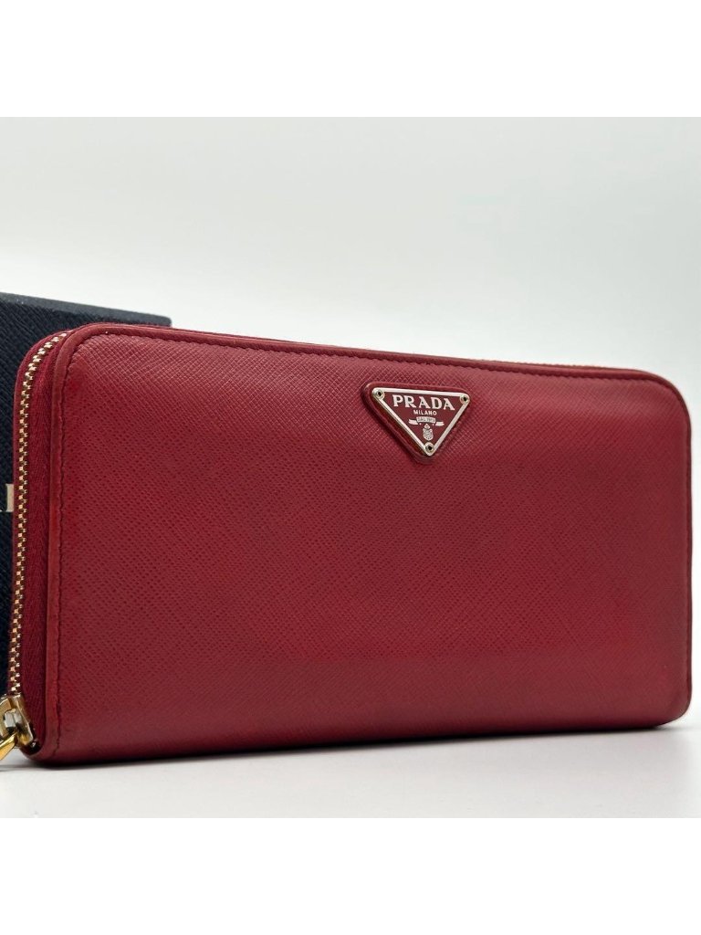 Prada Saffiano Triangle Zip Around Wallet